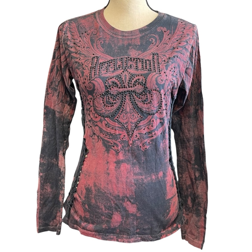 Affliction Distressed Lace Up‎ Long Sleeve Embellished Long Sleeve Tee Shirt M